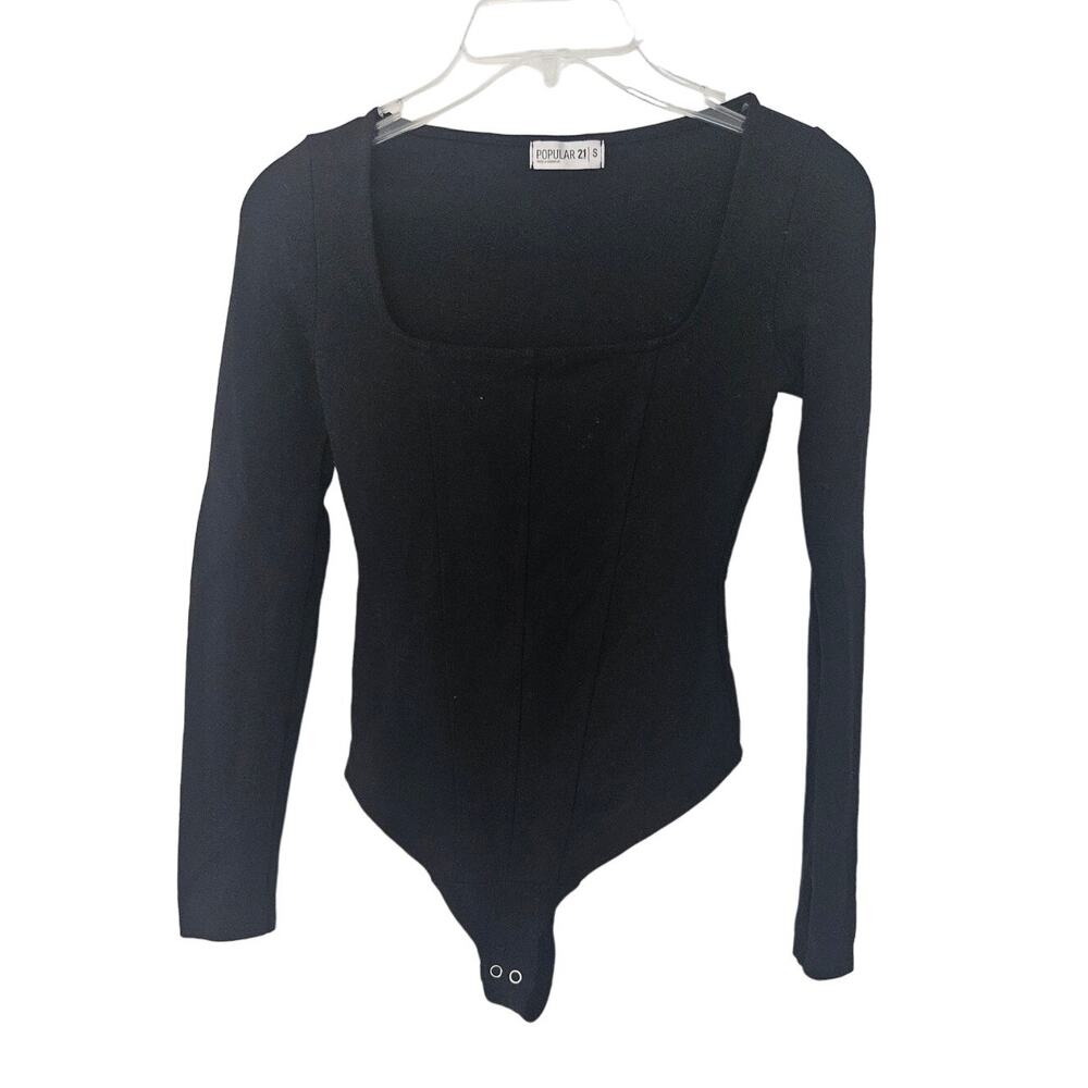 Popular 21 Black Long Sleeve Square Neck Body Suit sz Small Basic Minimalist